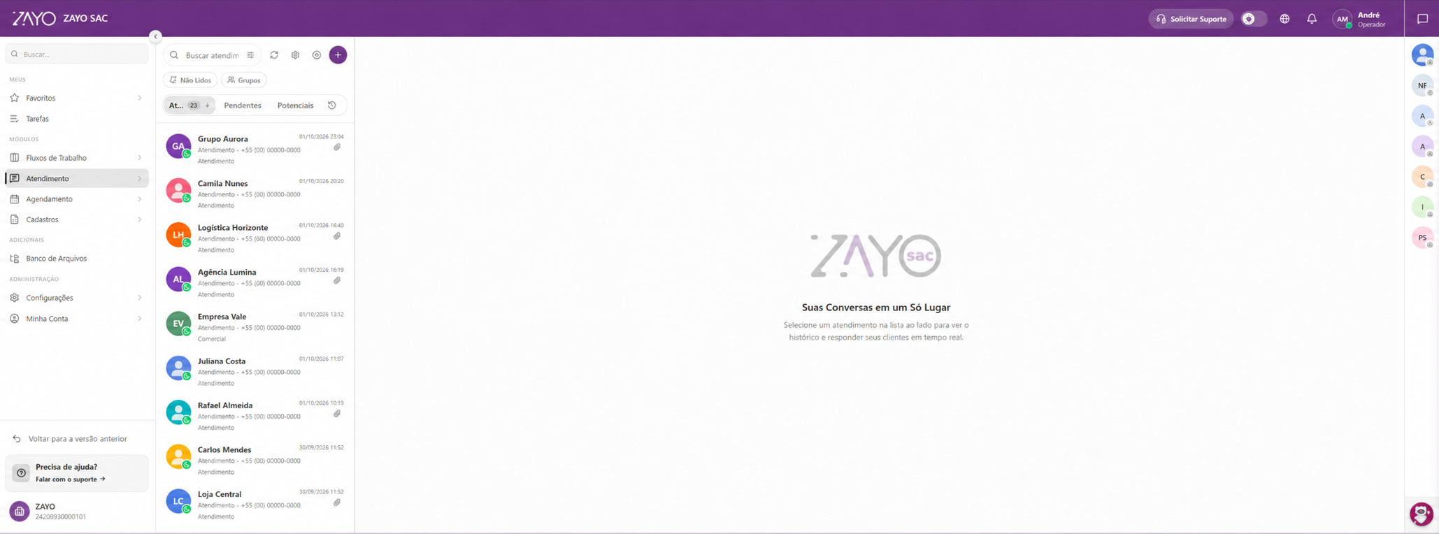 Painel de atendimento anonimizado da ZAYO SAC com contatos fictícios e menus da plataforma